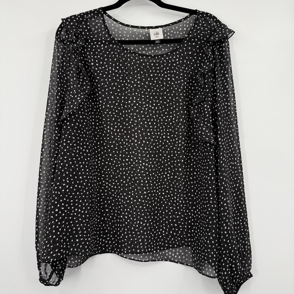 CAbi Tunic Top Women XXL Black Polka Dot Ruffle Long Sleeve Chiffon Sinatra 3956